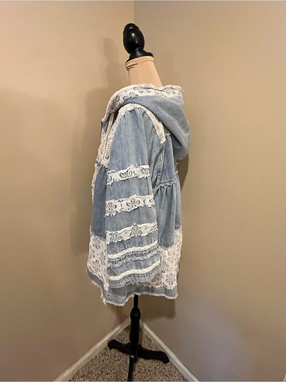 POL Boho Patchwork Denim & Lace Oversized Hooded Jacket - Blue & Cream, small - Picture 5 of 11